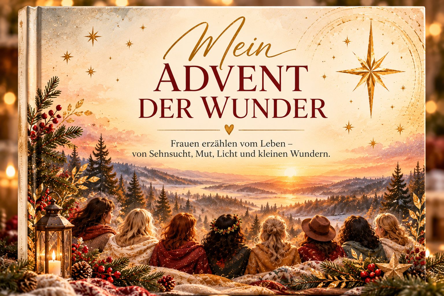 Cover des Adventskalenders „Mein Advent der Wunder“: Frauen in warmen Decken blicken von hinten auf eine winterliche Landschaft im Sonnenaufgang.