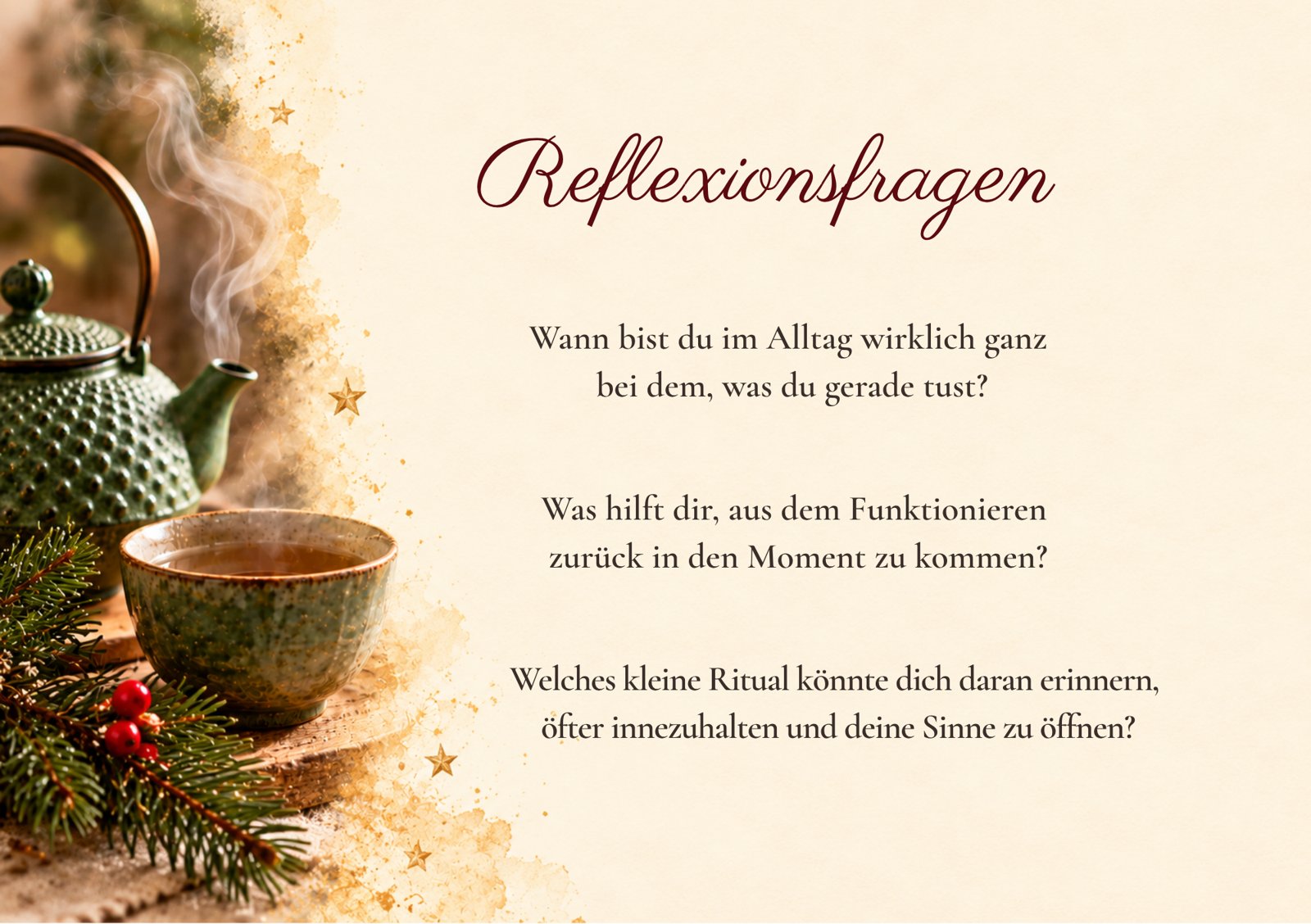 Kalenderseite Reflexionsfragen: drei Fragen neben einer Teekanne und einer dampfenden Teeschale.